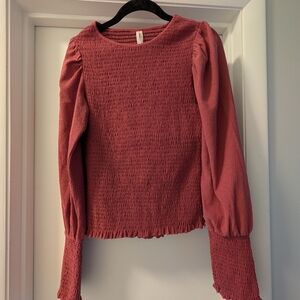Anthropologie Smocked Long Sleeve Blouse - Rust Red
